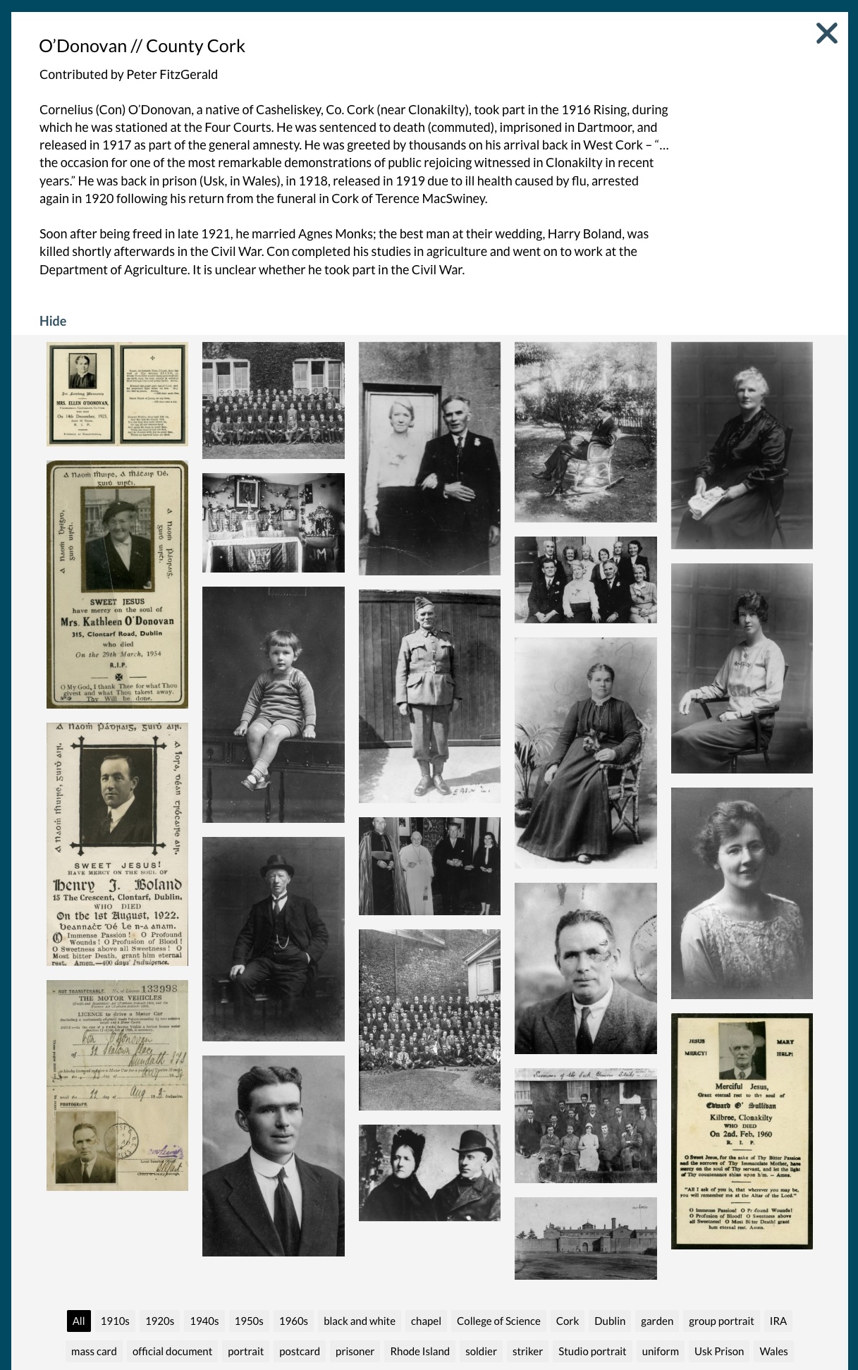 Screengrab of the Con O’Donovan page on the Photo Album of the Irish website; it shows many photos from Con’s life.
